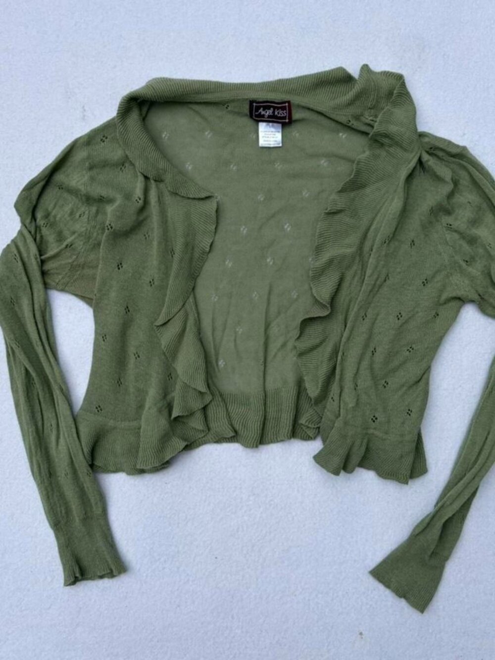 Angel Kiss Green Ruffle Knit Cropped Cardigan Sz L Cottage Coquette Whimsigoth